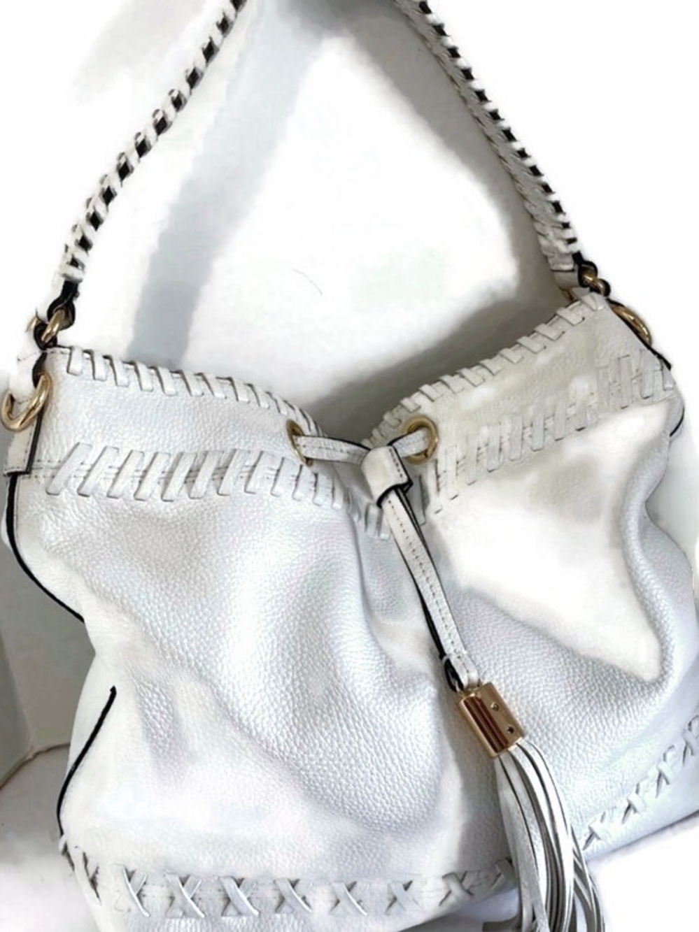 Milly White Leather Tote with Tassel